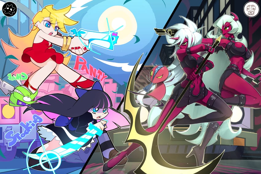 stocking, panty, kneesocks, scanty, chuck, and 1 more (panty & stocking with garterbelt) drawn by 95hoody and sadstar115
