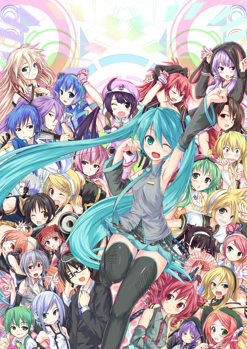 hatsune miku, kagamine rin, kagamine len, megurine luka, kasane teto, and 23 more (vocaloid and 2 more) drawn by daidou_(demitasse)