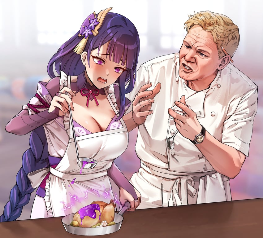 raiden shogun and gordon ramsay (genshin impact and 2 more) drawn by foxyreine