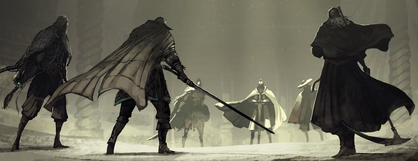 tarnished, needle knight leda, sir ansbach, thiollier, redmane freyja, and 1 more (elden ring and 1 more) drawn by the_g_(bhu204)