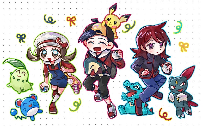 ethan, lyra, silver, cyndaquil, chikorita, and 4 more (pokemon and 1 more) drawn by kong_(6ki3ki)