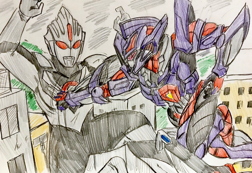 gridknight and ultraman orb dark (gridman universe and 3 more) drawn by igomaru