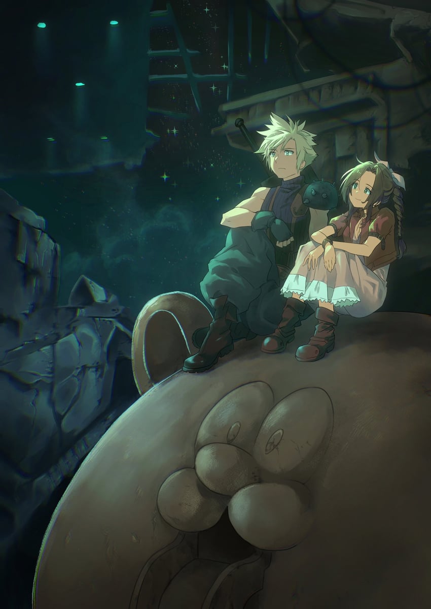cloud strife and aerith gainsborough (final fantasy and 2 more) drawn by goku-chan