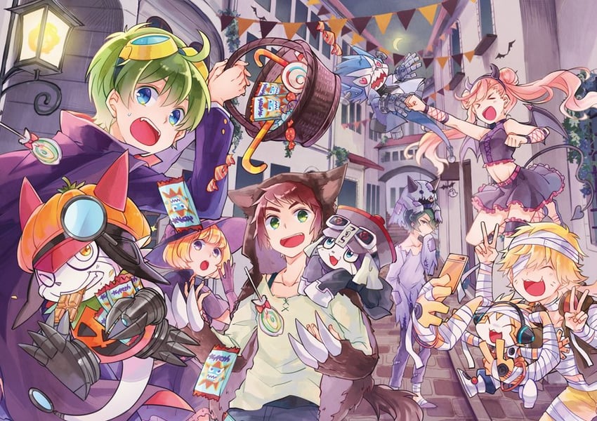 gatchmon, shinkai haru, karan eri, offmon, dokamon, and 6 more (digimon and 1 more) drawn by konagonana