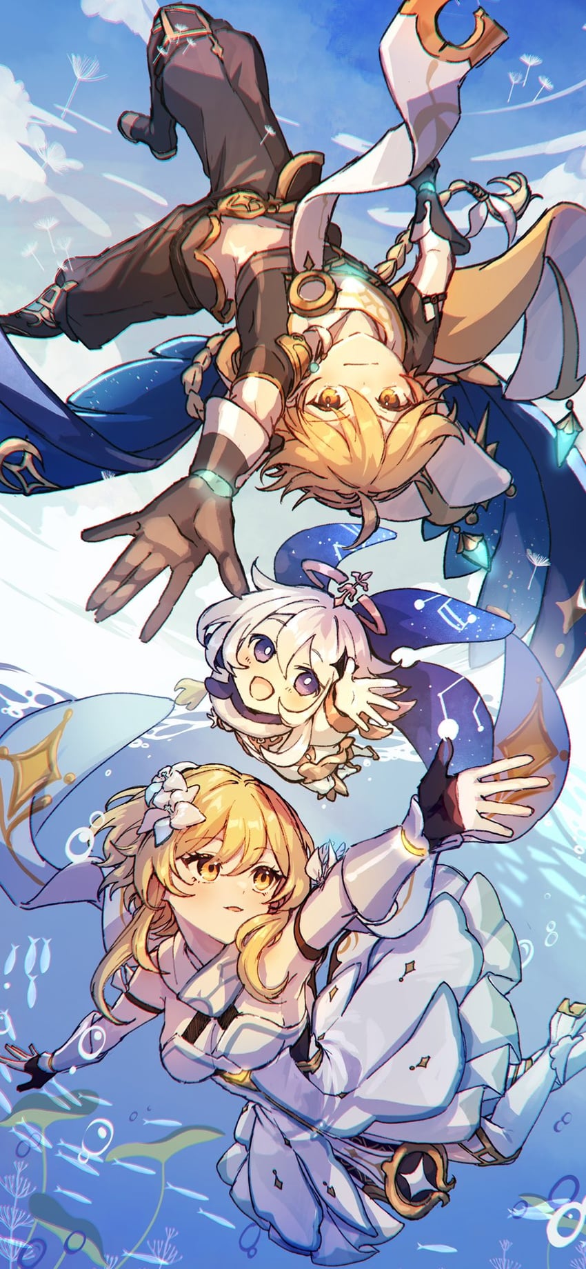 lumine, aether, and paimon (genshin impact) drawn by hozumi_rino