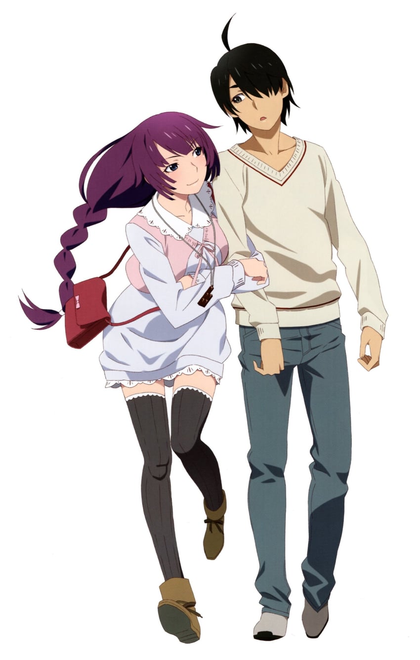 senjougahara hitagi and araragi koyomi (monogatari and 1 more) drawn by watanabe_akio