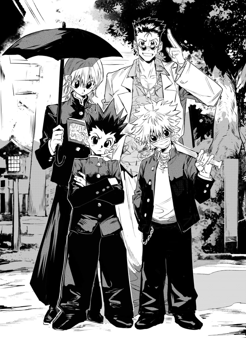 killua zoldyck, kurapika, gon freecss, and leorio paladiknight (hunter x hunter) drawn by xi_luo_an_ya