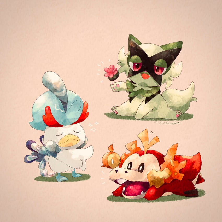 sprigatito, meowscarada, fuecoco, quaxly, quaquaval, and 2 more (pokemon) drawn by zozozoshion