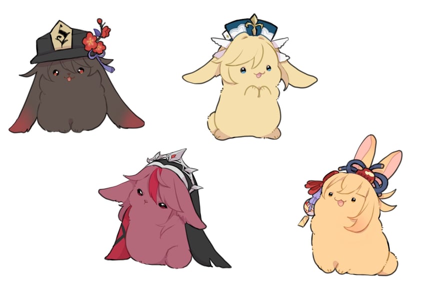 hu tao, barbara, yoimiya, and rosaria (genshin impact) drawn by nasuka_gee