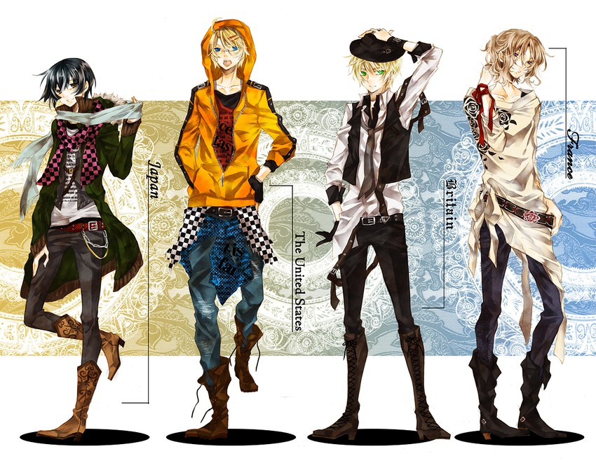 america, united kingdom, japan, and france (axis powers hetalia) drawn by taeko_(tao)