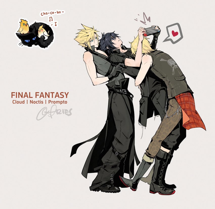 cloud strife, noctis lucis caelum, and prompto argentum (final fantasy and 3 more) drawn by aries20770321