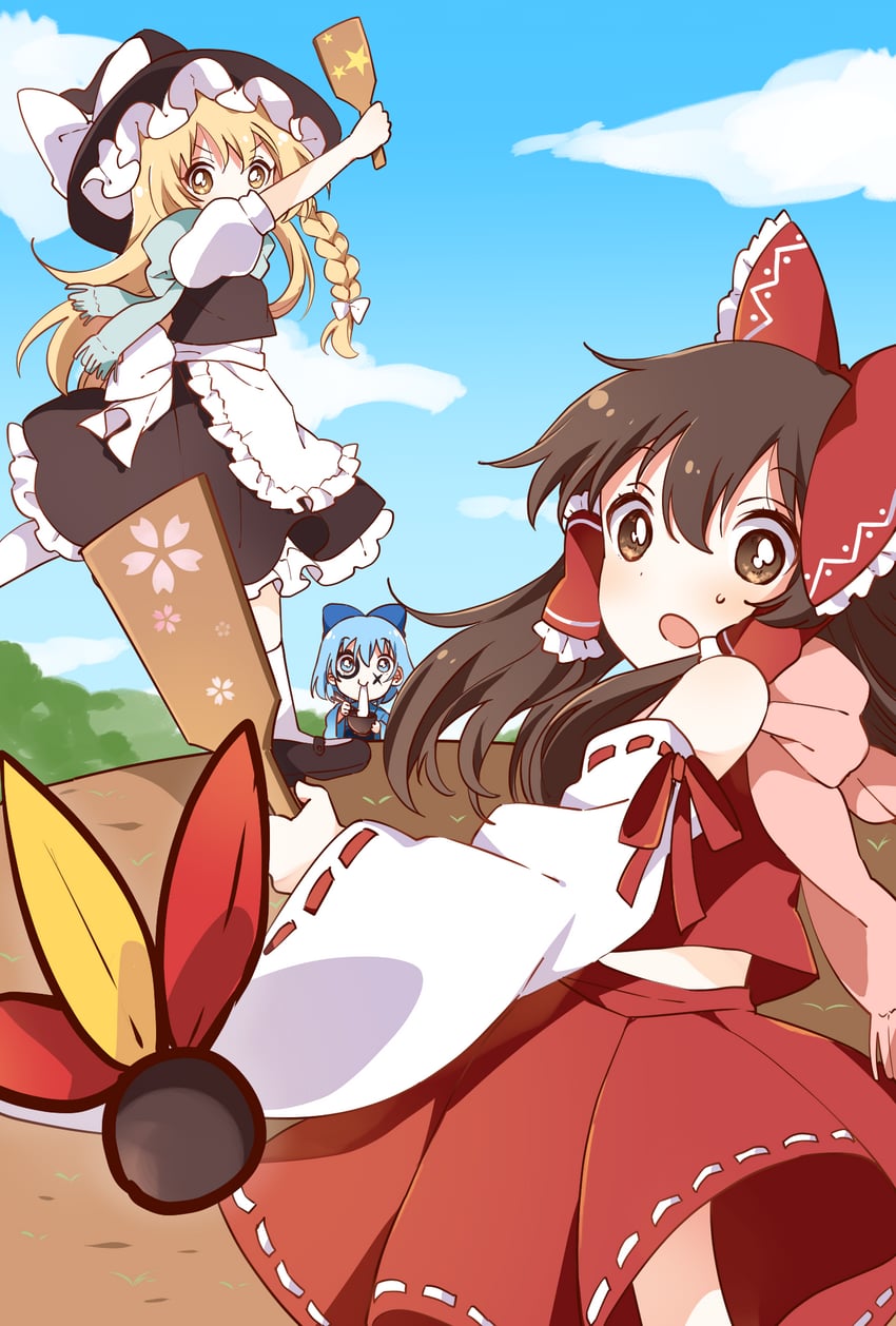 hakurei reimu, kirisame marisa, and cirno (touhou) drawn by sasaki_sakiko