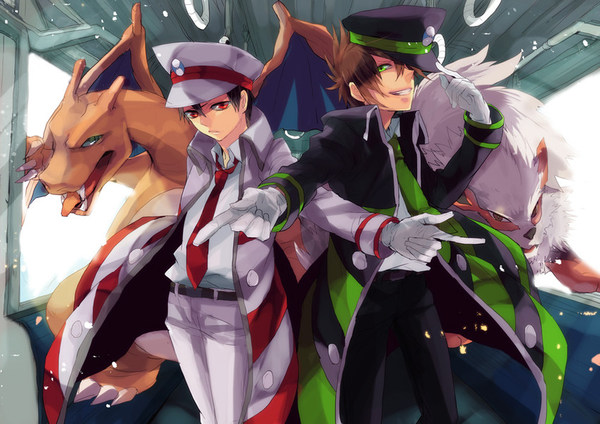 red, blue oak, charmander, ingo, emmet, and 1 more (pokemon and 1 more) drawn by ichi_kawa_ichi