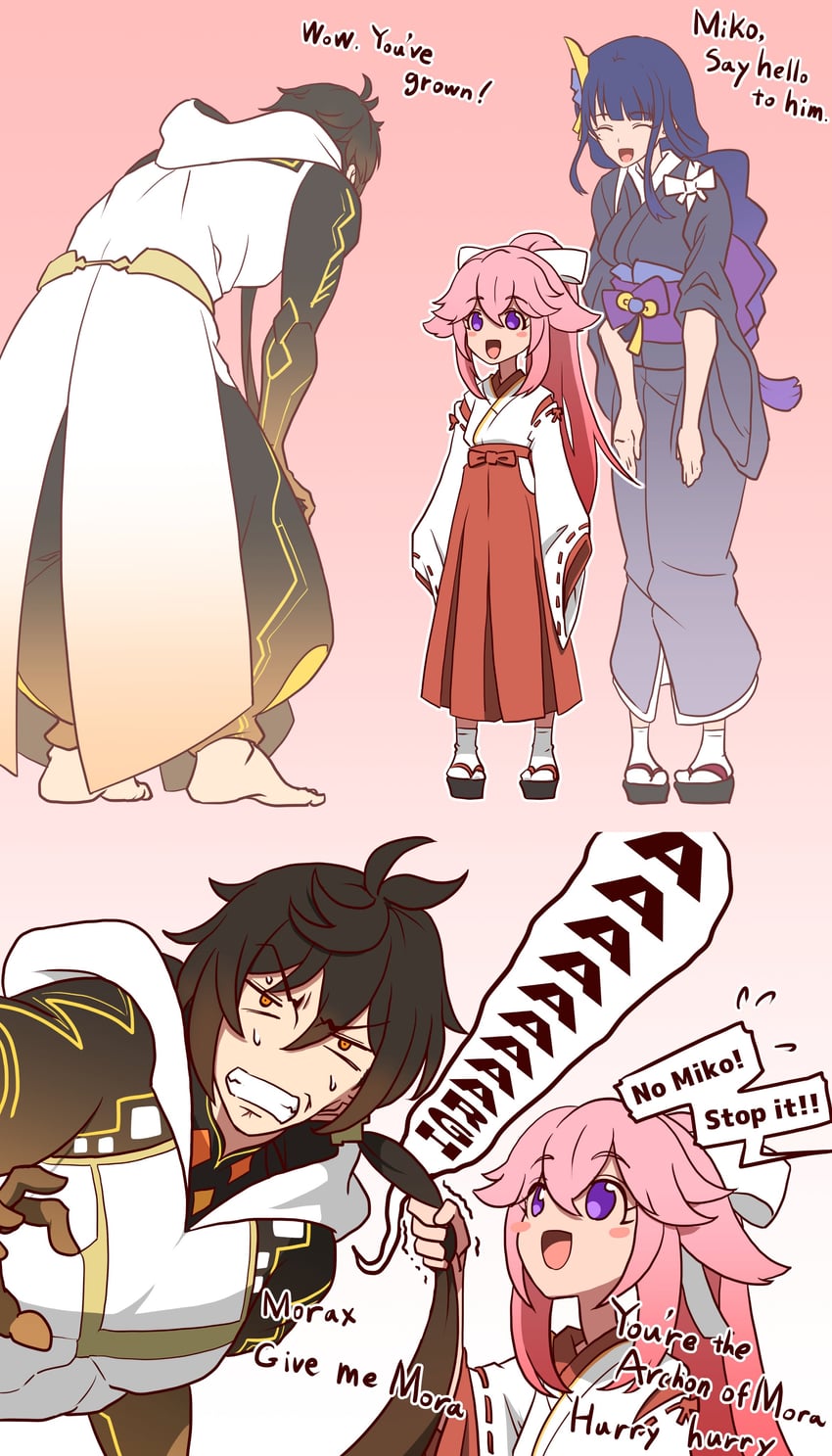 raiden shogun, yae miko, zhongli, and rex lapis (genshin impact) drawn by imtmcomics