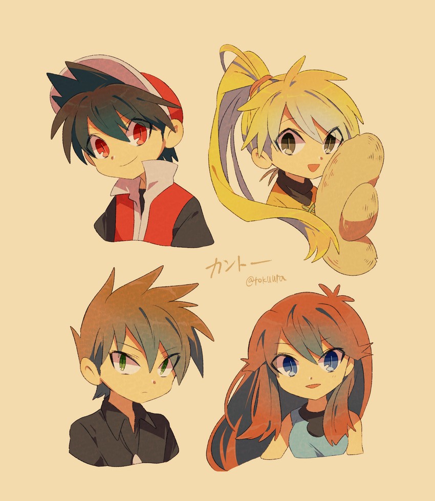 red, blue oak, green, and yellow (pokemon and 1 more) drawn by tokuura