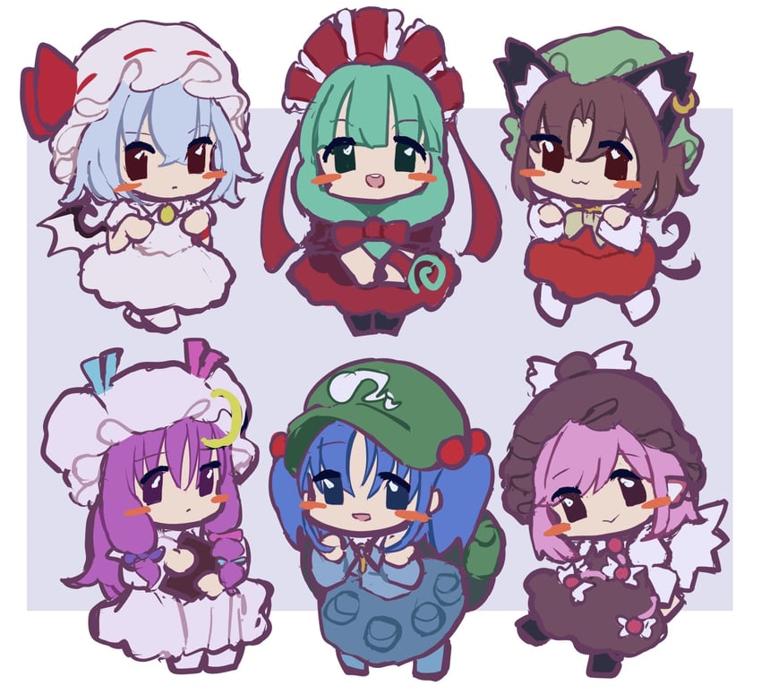 remilia scarlet, patchouli knowledge, chen, kawashiro nitori, mystia lorelei, and 1 more (touhou) drawn by mugi_(mugimugi_9kv)