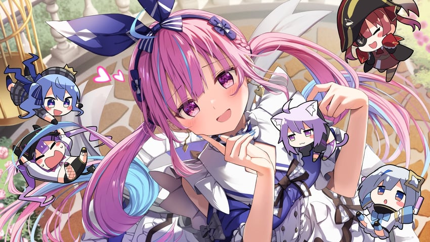 houshou marine, hoshimachi suisei, nekomata okayu, minato aqua, tokoyami towa, and 1 more (hololive) drawn by summer_tail720