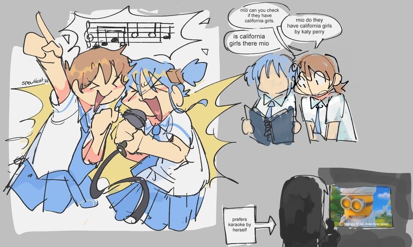 naganohara mio, aioi yuuko, minakami mai, minion, and katy perry (nichijou and 2 more) drawn by snowii_cat