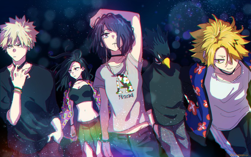 bakugou katsuki, yaoyorozu momo, jiro kyoka, kaminari denki, and tokoyami fumikage (boku no hero academia) drawn by hoshimori