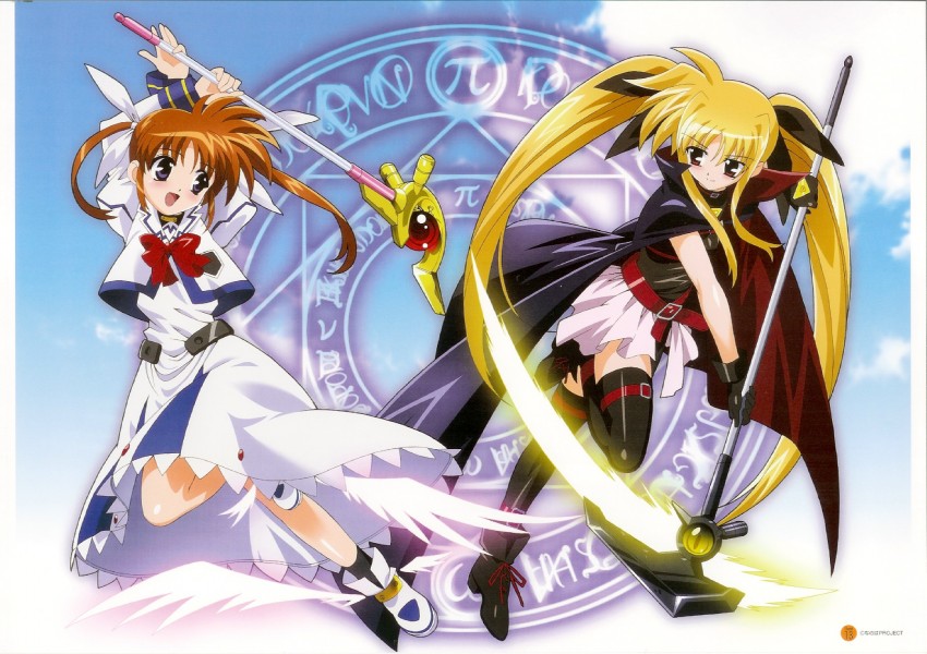 fate testarossa, takamachi nanoha, raising heart, and bardiche (lyrical nanoha and 2 more) drawn by okuda_yasuhiro