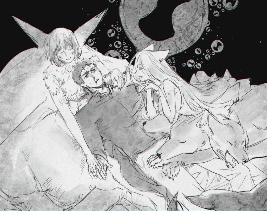 marcille donato, falin touden, laios touden, and succubus (dungeon meshi) drawn by sansam