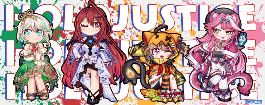 raora panthera, gigi murin, cecilia immergreen, elizabeth rose bloodflame, and chattino (hololive and 1 more) drawn by ghosttbyun