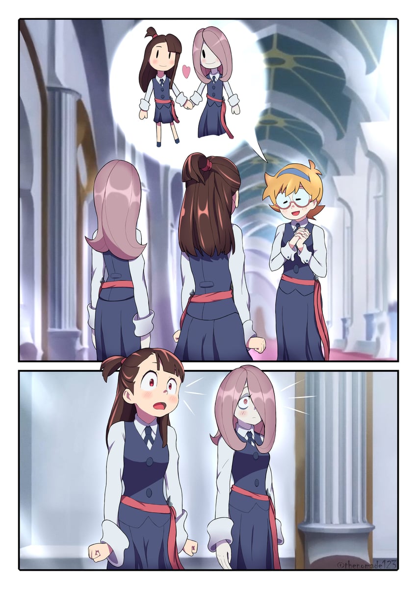 kagari atsuko, sucy manbavaran, and lotte jansson (little witch academia) drawn by thenomade123