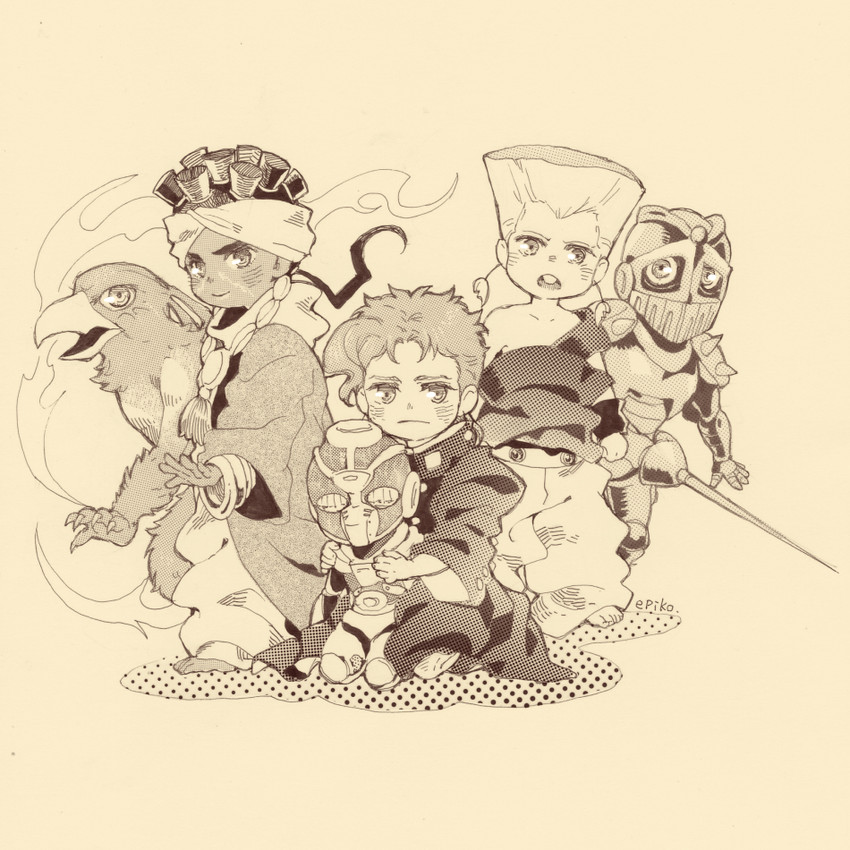 kakyoin noriaki, jean pierre polnareff, mohammed avdol, hierophant green, silver chariot, and 1 more (jojo no kimyou na bouken and 1 more) drawn by epiko_(aki)