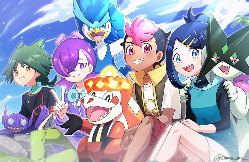 liko, meowscarada, dot, sableye, roy, and 3 more (pokemon and 1 more) drawn by omotemuki
