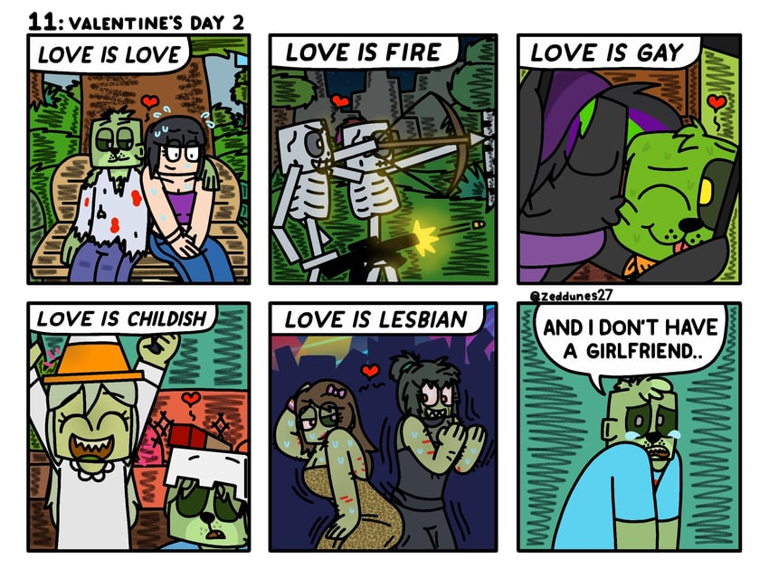 creeper, enderman, zombie, zg hillman, mindy hillman, and 2 more (minecraft and 1 more) drawn by zeddunes27