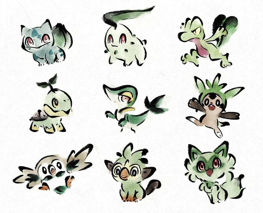 rowlet, bulbasaur, sprigatito, snivy, chikorita, and 4 more (pokemon) drawn by metikyun