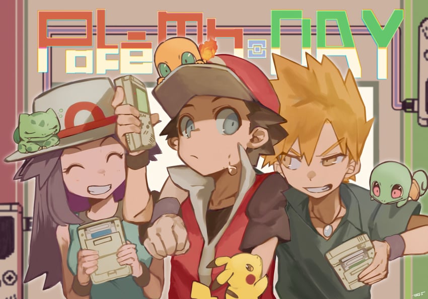 pikachu, red, blue oak, leaf, bulbasaur, and 2 more (pokemon and 1 more) drawn by tyaui_(xjju4435)