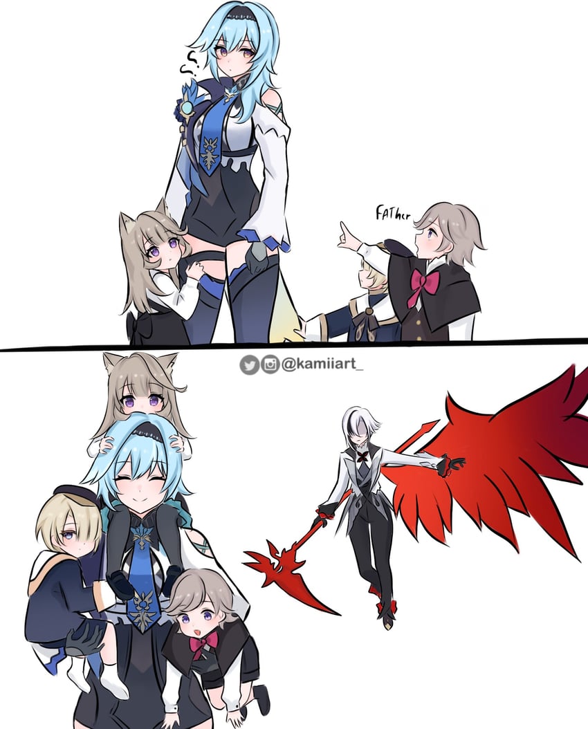eula, arlecchino, lynette, lyney, and freminet (genshin impact) drawn by kamiiart