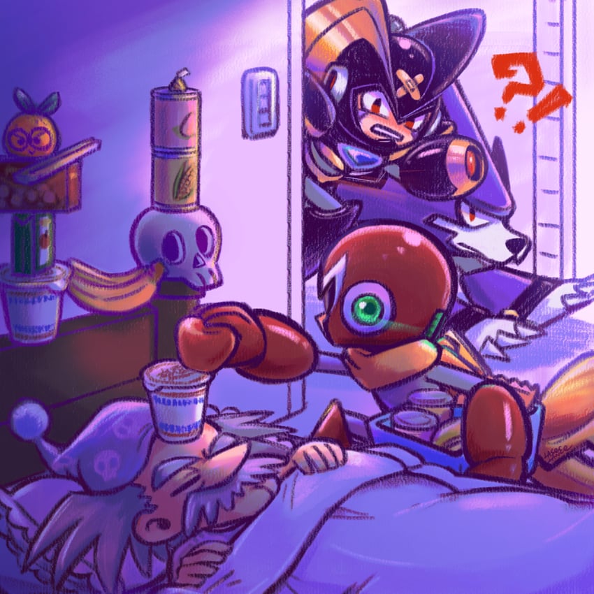 proto man, bass, dr. wily, and treble (mega man) drawn by laser-lance