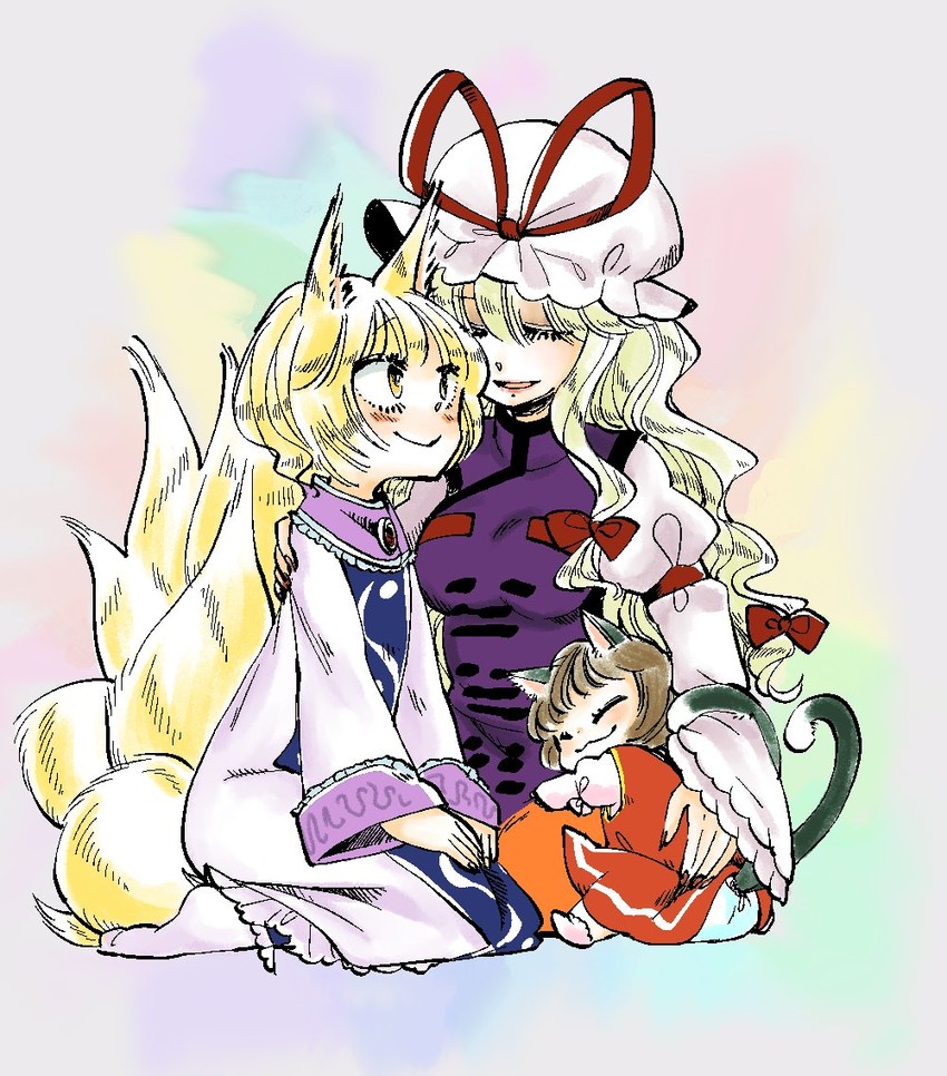 yakumo yukari, yakumo ran, and chen (touhou) drawn by komaku_juushoku