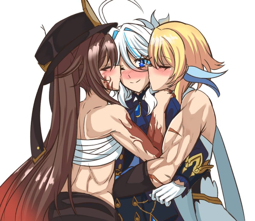 lumine, hu tao, and furina (genshin impact) drawn by yukiart_83