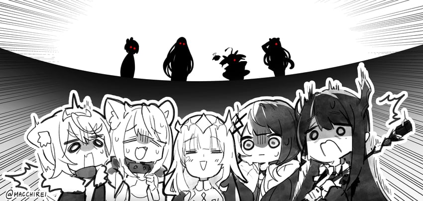 shiori novella, nerissa ravencroft, fuwawa abyssgard, mococo abyssgard, koseki bijou, and 4 more (hololive and 1 more) drawn by macchirei