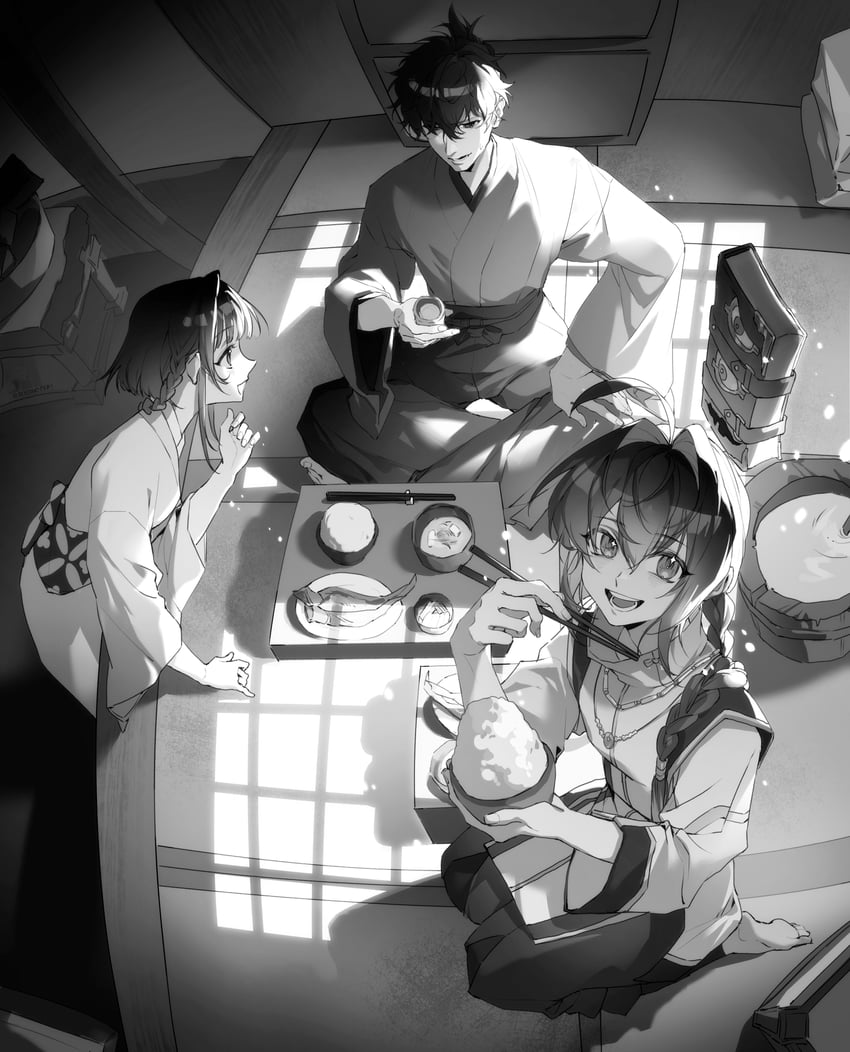 yamato takeru, miyamoto iori, ogasawara kaya, and crimson codex (fate and 1 more) drawn by aizendai