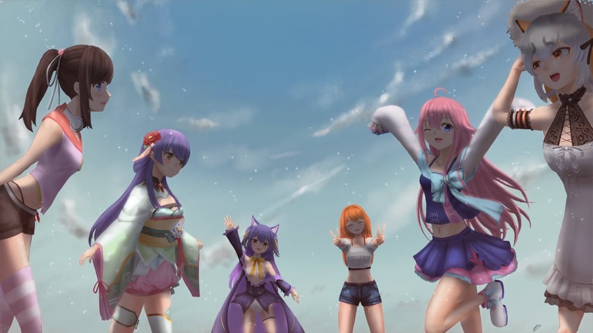 island fox, rurun rururica, irodori mayoi, hanakoto igusa, mizugame mia, and 1 more (kemono friends and 4 more) drawn by spohr_supopopo