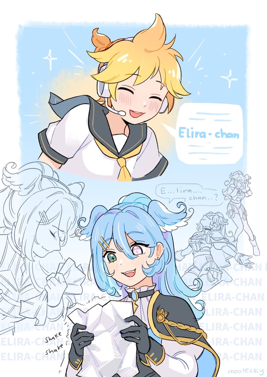 kagamine len and elira pendora (vocaloid and 2 more) drawn by mootecky