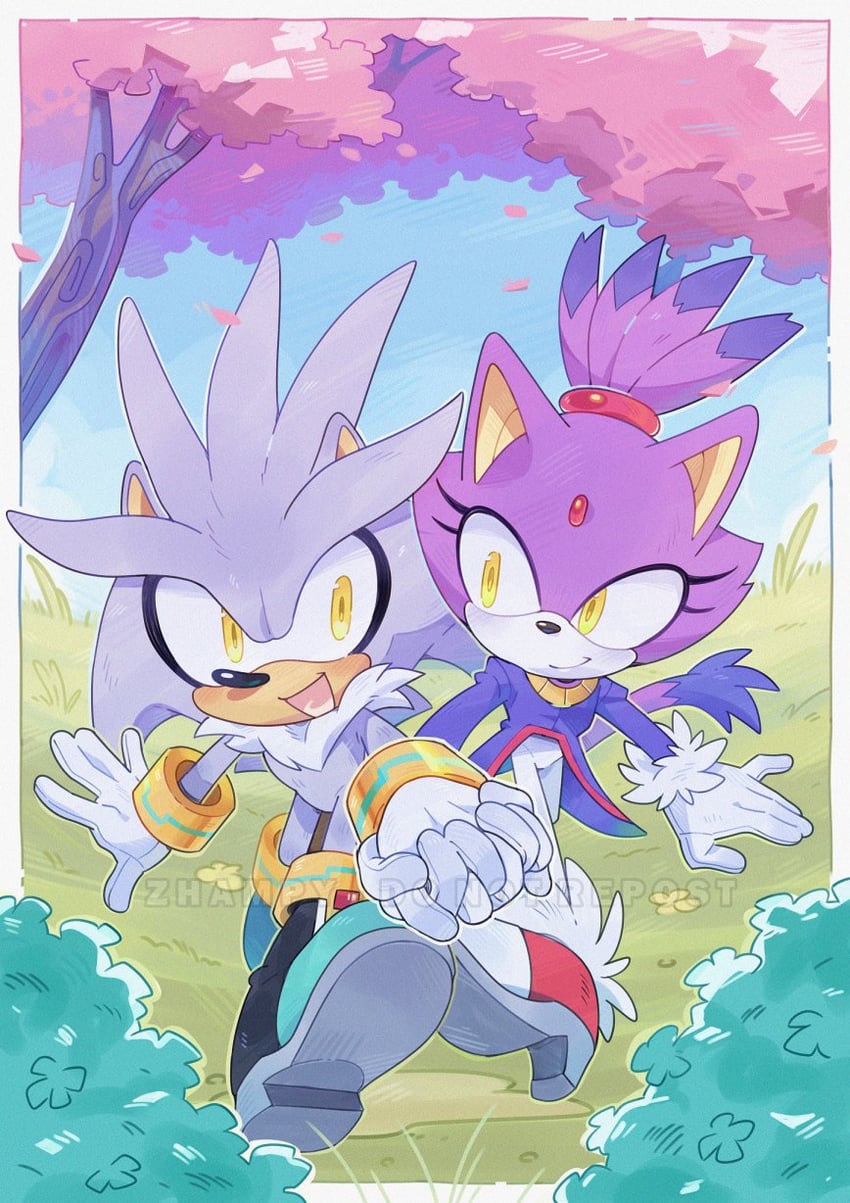 blaze the cat and silver the hedgehog (sonic) drawn by zhampy