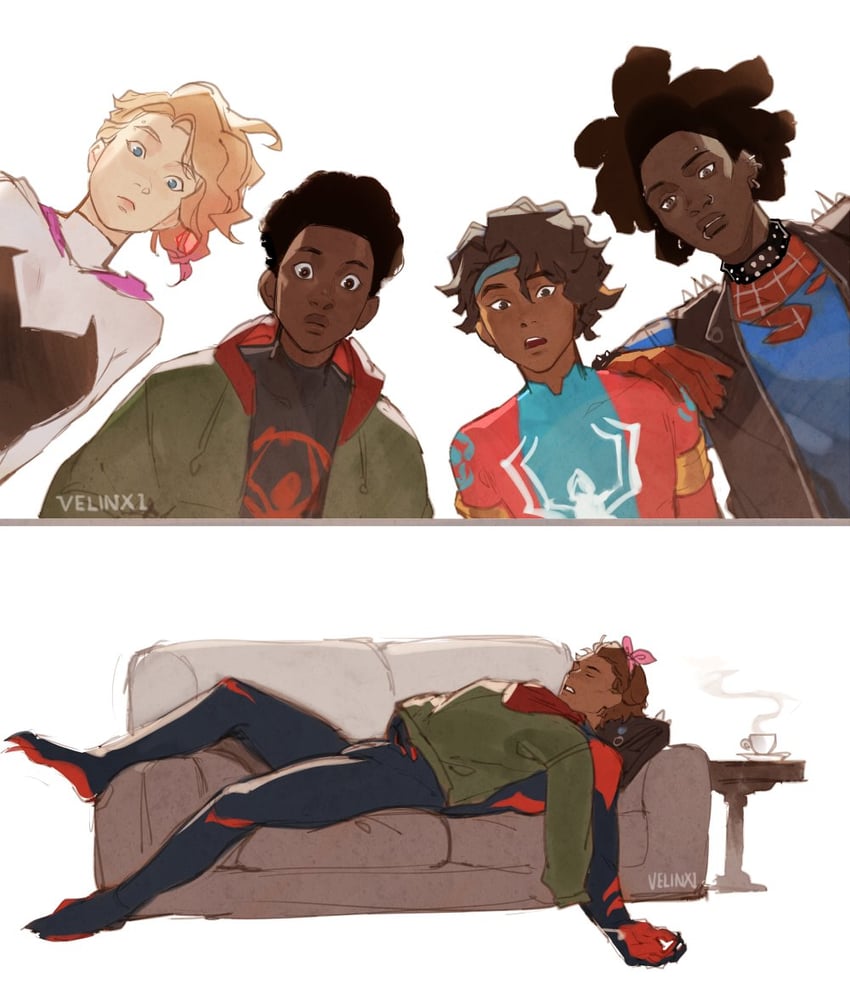 spider-gwen, gwen stacy, miguel o'hara, spider-man, miles morales, and 4 more (marvel and 3 more) drawn by velinxi