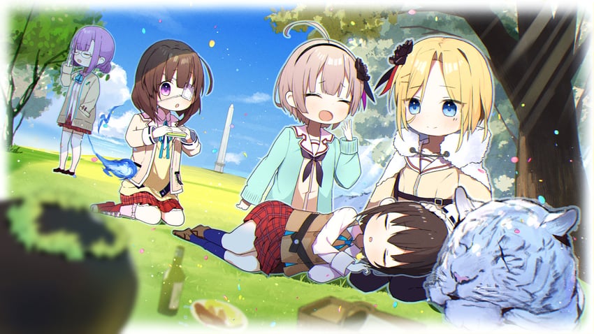 aoi erika, minase ichigo, higuchi seika, hiiragi kozue, minase sumomo, and 1 more (heaven burns red) drawn by rinki_oohen
