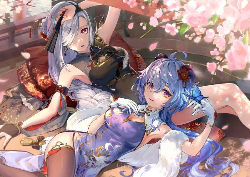 ganyu and shenhe (genshin impact) drawn by bibi_(obb_spl)