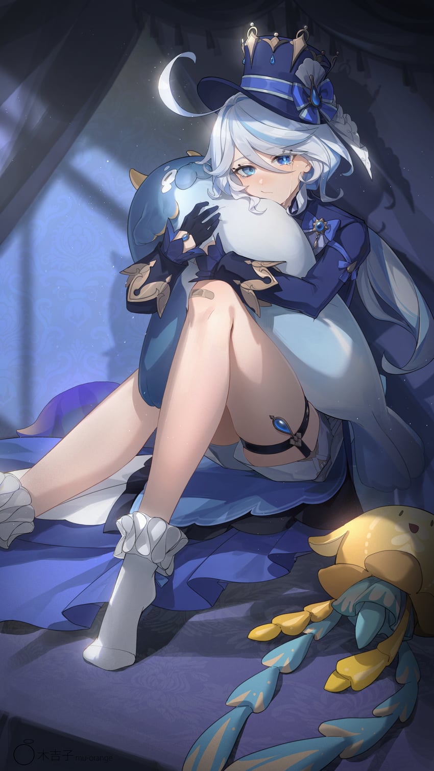 furina, blubberbeast, and hat jellyfish (genshin impact) drawn by mujizi