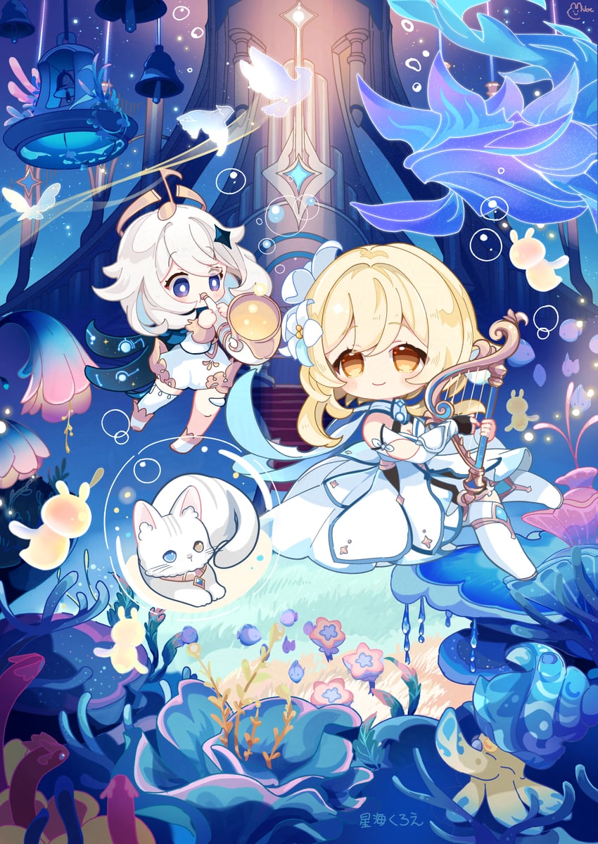 lumine, paimon, scylla, and osse (genshin impact) drawn by hoshiusagi_no_chloe