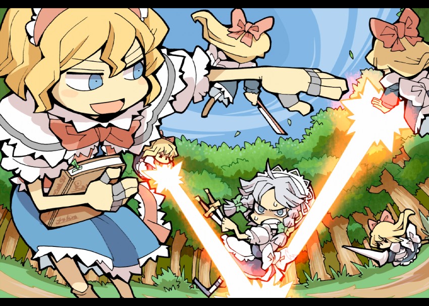 izayoi sakuya, alice margatroid, and shanghai doll (touhou) drawn by hounori