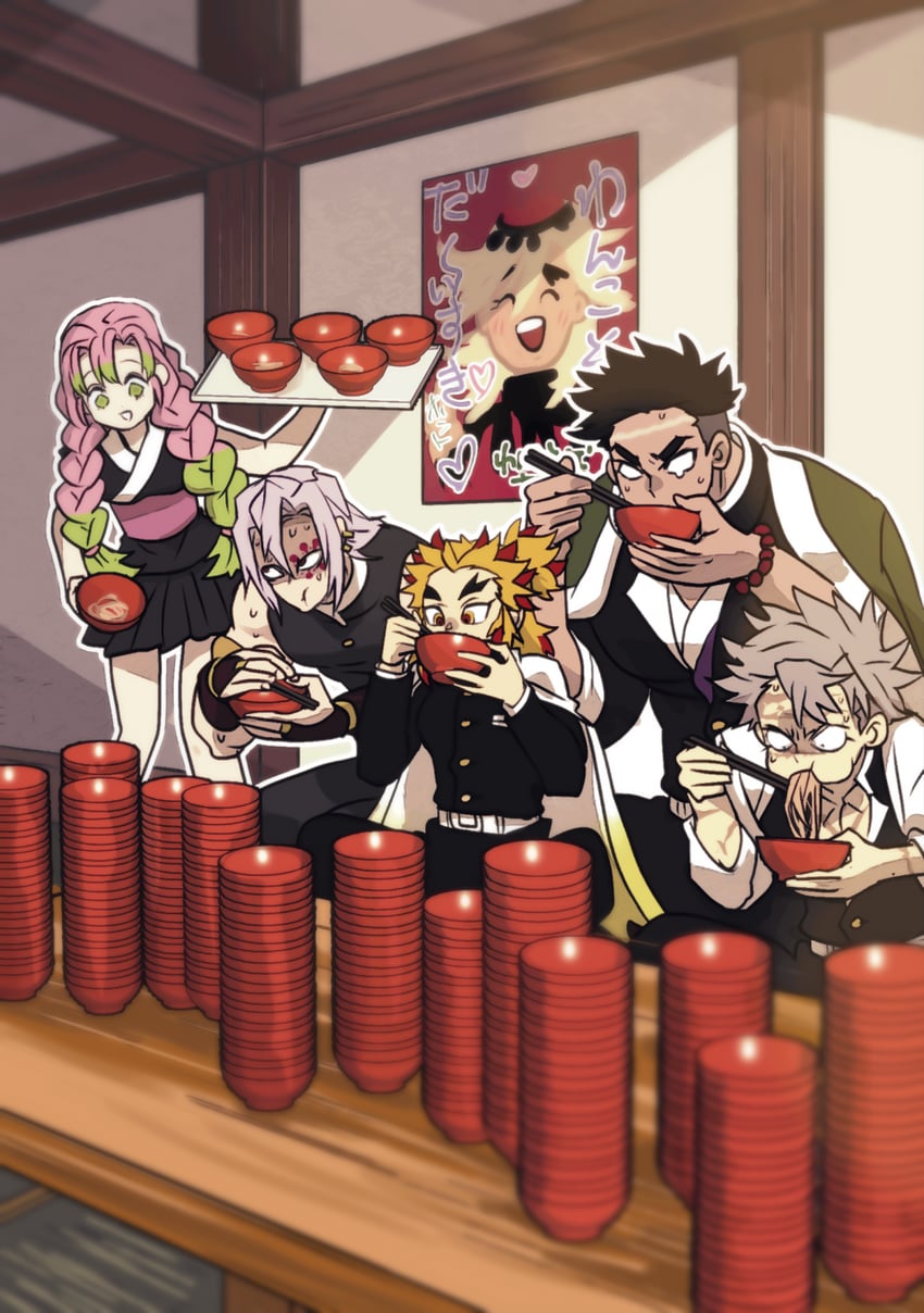 kanroji mitsuri, rengoku kyoujurou, shinazugawa sanemi, uzui tengen, douma, and 1 more (kimetsu no yaiba) drawn by aitanso
