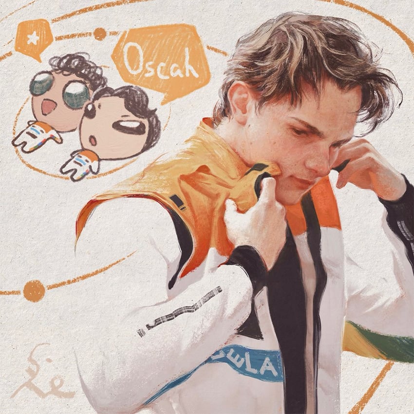 oscar piastri and lando norris (real life and 1 more) drawn by chanasykine