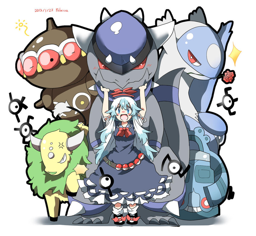 kamishirasawa keine, latios, unown, tauros, unown e, and 6 more (touhou and 1 more) drawn by rebecca_(keinelove)